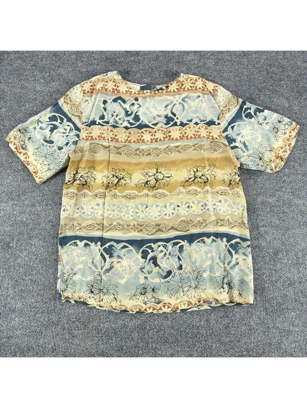 Tess Vintage Floral Pattern‎ 100% Silk Short Sleeve Blouse Med - Lightweight